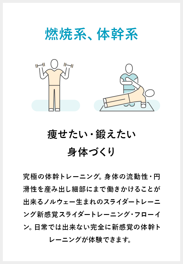 究極の体幹トレーニング。身体の流動性・円滑性を産み出し細部にまで働きかけることが出来るノルウェー生まれのスライダートレーニング新感覚スライダートレーニング・フローイン。日常では出来ない完全に新感覚の体幹トレーニングが体験できます。